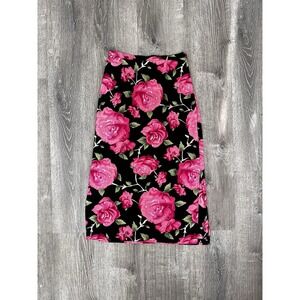 BRIGGS Vintage Y2K Floral Maxi Skirt L Black Pink Roses High Waist STRECH Waist